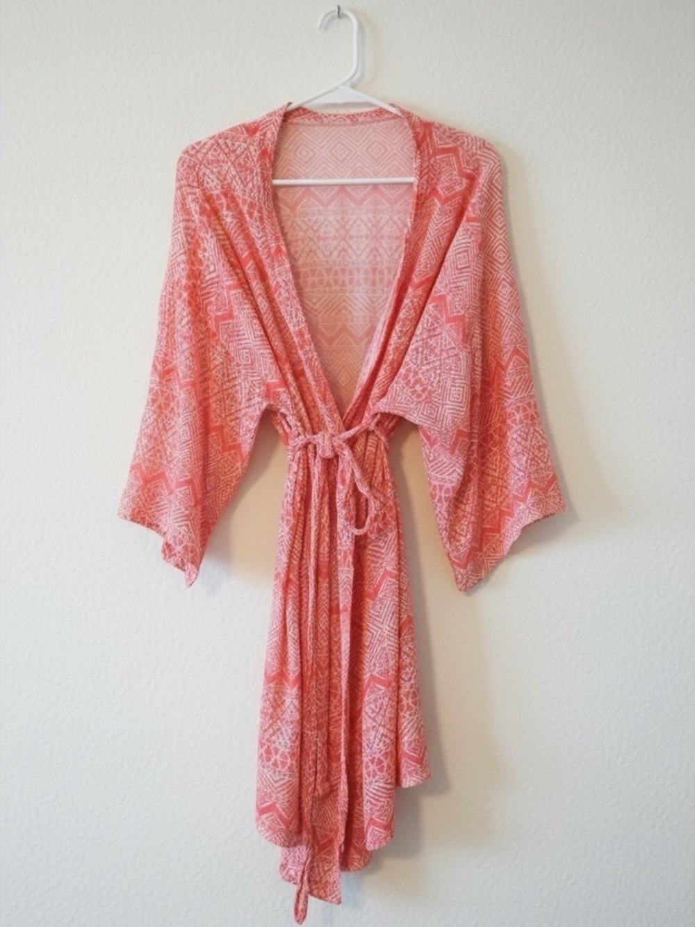 Pink Blush Coral Pink Tribal Print Rayon Kimono Tie Front Cover Up Medium